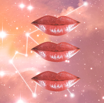 three lips slightly smiling in the sky with a constellation behind them