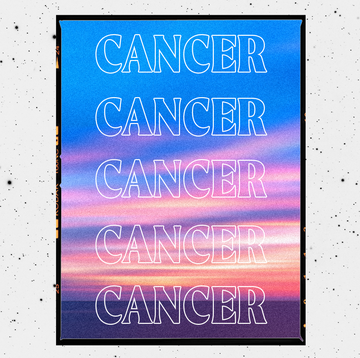 the stylized word cancer is repeated over a sunset background