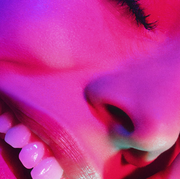 Face, Pink, Red, Lip, Close-up, Nose, Mouth, Blue, Head, Tooth, 