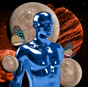 a robotic blue man in space